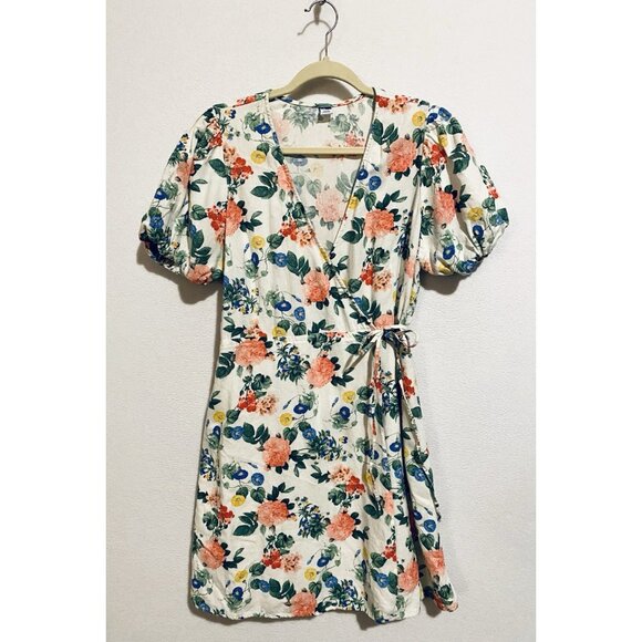 Old Navy Wrap Dress Womens Large Floral Puffy Sleeve Mini Cottagecore Picnic - Picture 2 of 7